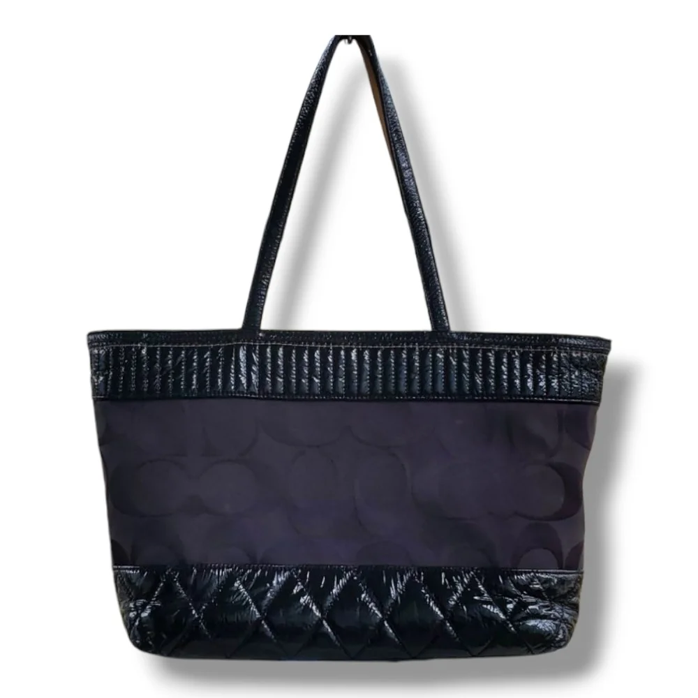 Coach 18676 Quilted Poppy Black on Black Jacquard Silver Hardware Tote Bag